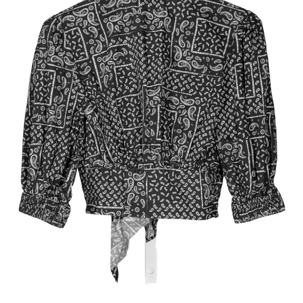 Zara Women's Blouse Gray White Paisley Bandana Tie Front 3/4 Sleeve Crop Top S